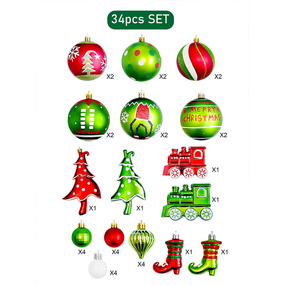 Little Surprise Box  34 pcs Grinch Green & Red Christmas Tree ornaments XMAS Tree decoration set