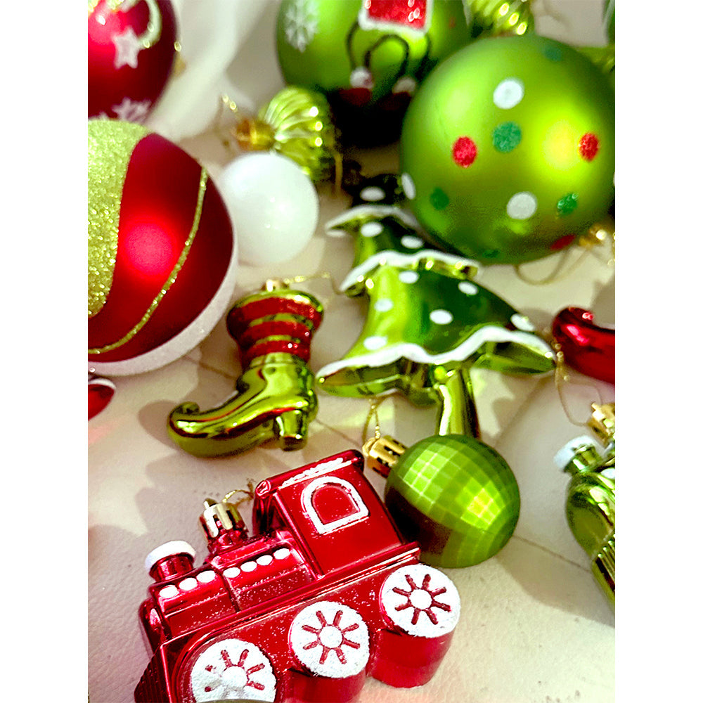 Little Surprise Box  34 pcs Grinch Green & Red Christmas Tree ornaments XMAS Tree decoration set