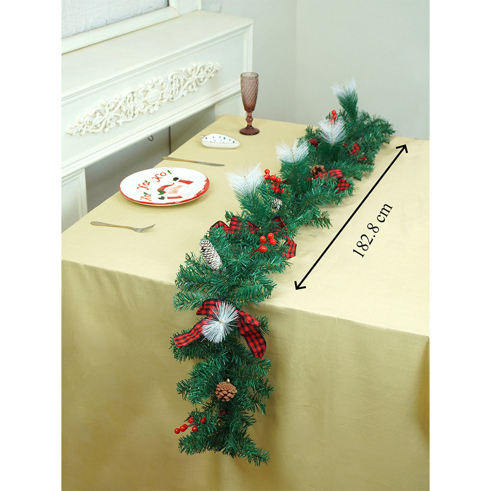 Little Surprise Box  6 feet Red Black Bow ,Deep Green Xmas Garland for Home and Table Décor