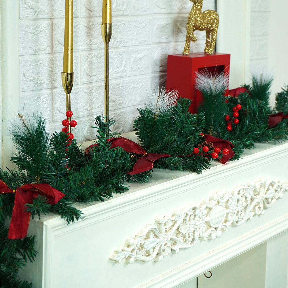 Little Surprise Box 6 feet Red Gold Bow ,Deep Green Xmas Garland Christmas Garland for Home and Table Décor
