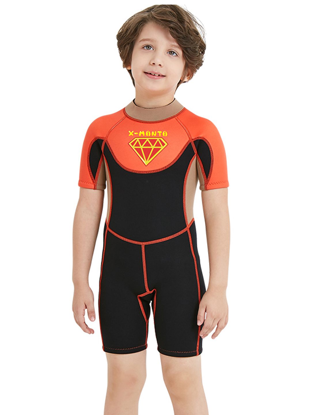 Little Surprise Box Superhero Brown & Orange 2.5mm Neoprene Knee Length Kids Half Sleeves Swimwear