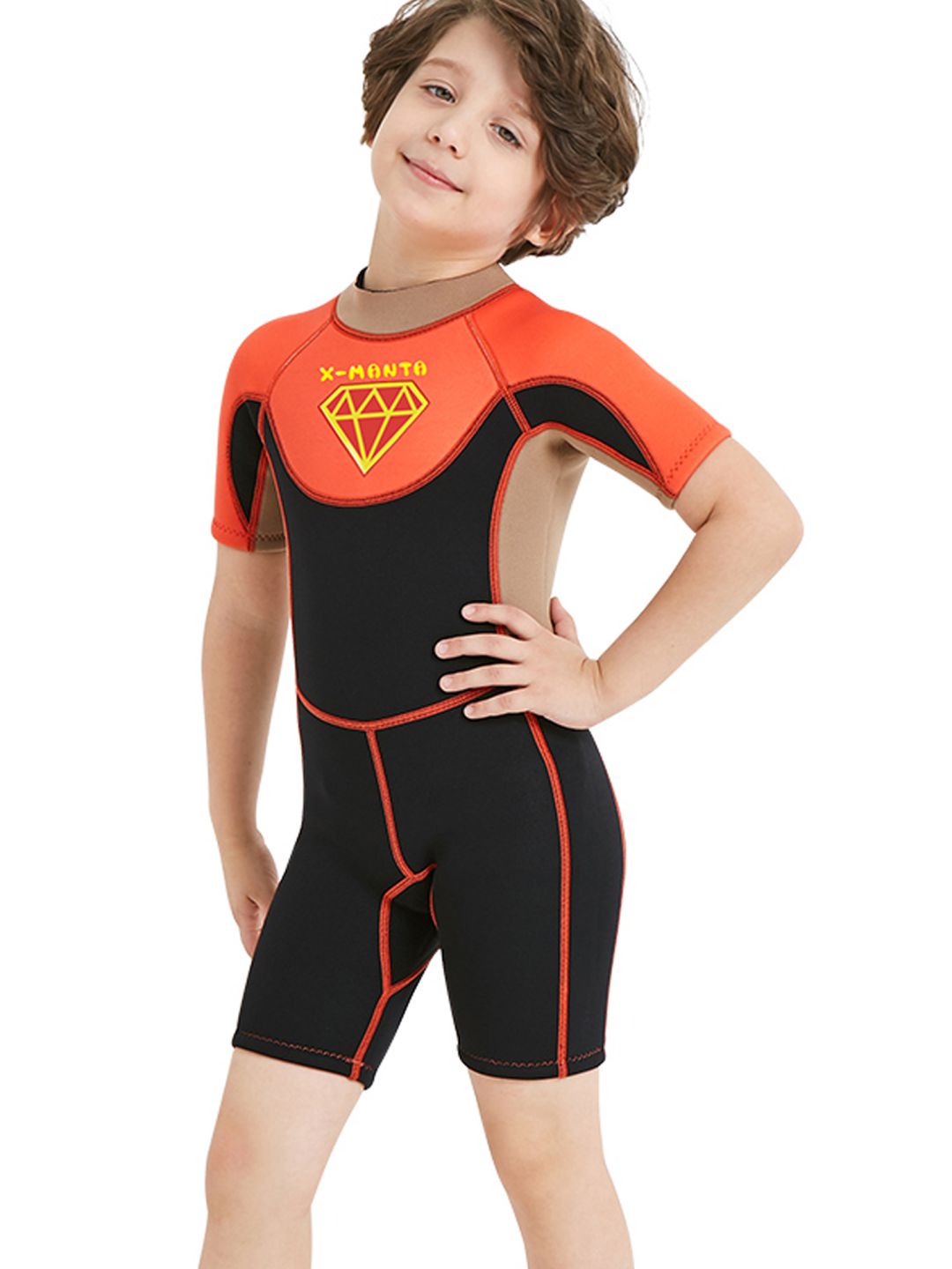 Little Surprise Box Superhero Brown & Orange 2.5mm Neoprene Knee Length Kids Half Sleeves Swimwear