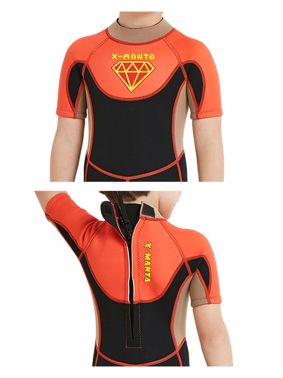 Little Surprise Box Superhero Brown & Orange 2.5mm Neoprene Knee Length Kids Half Sleeves Swimwear