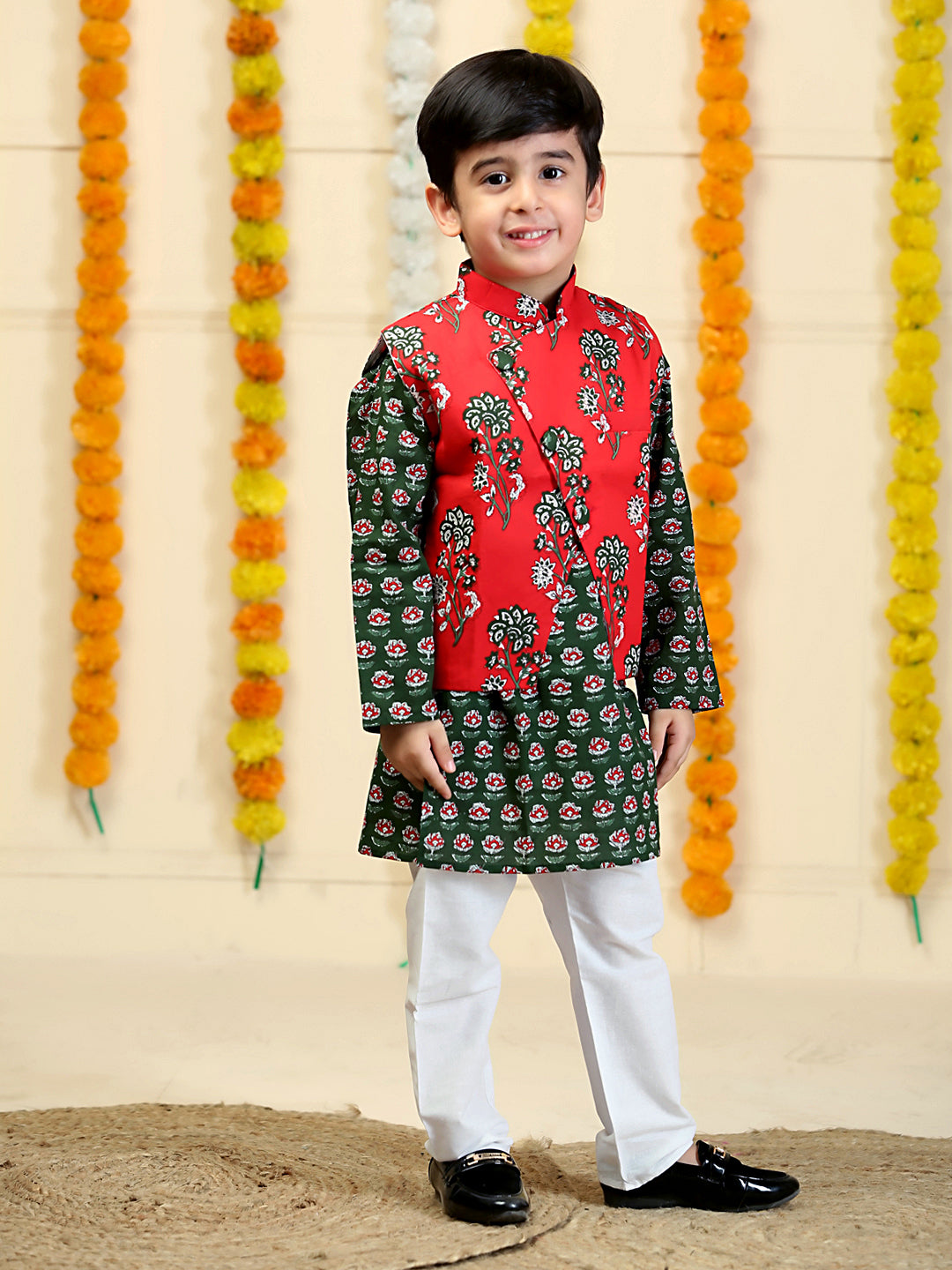 Lal Paridhan Boys Floral Print Jacket And Kurta Pajama Set
