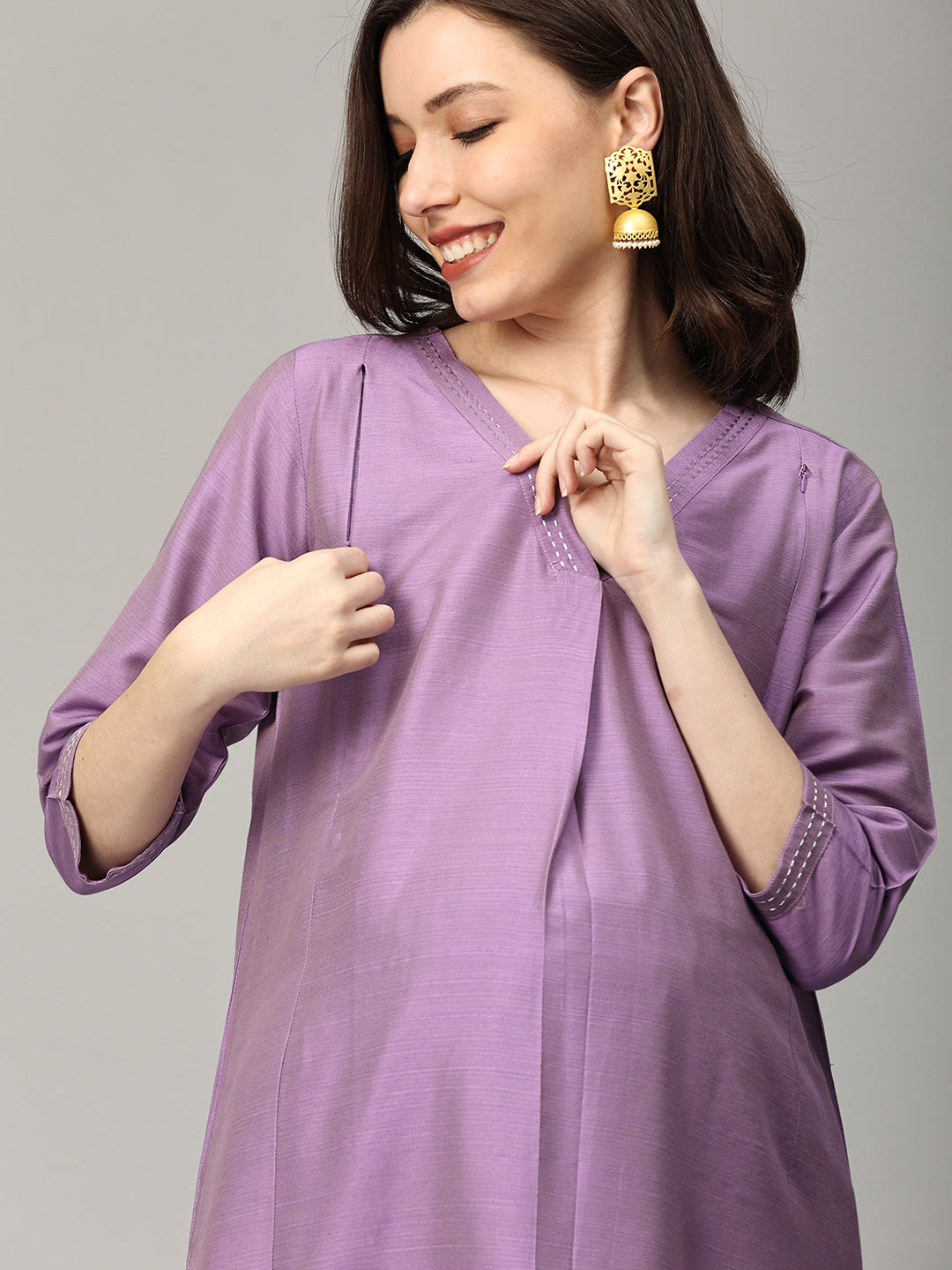 Lavender Lush-ury Embroidered Maternity And Nursing Silk Kurta Set