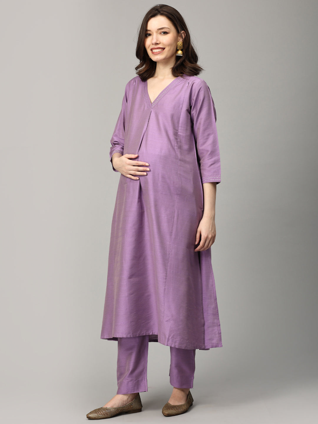 Lavender Lush-ury Embroidered Maternity And Nursing Silk Kurta Set