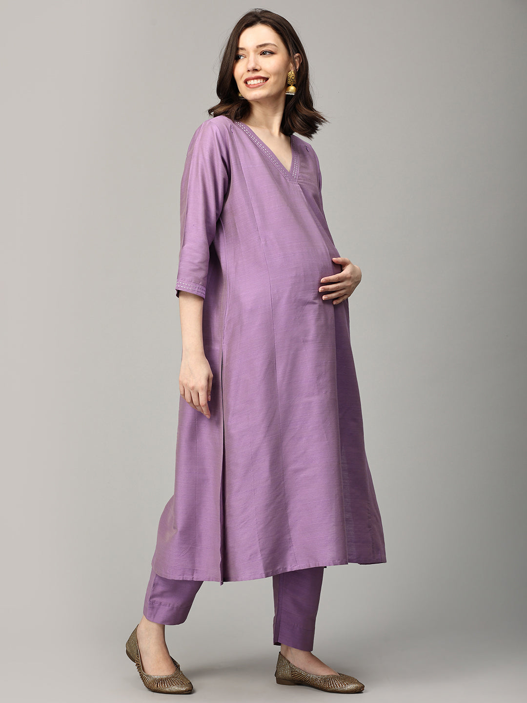 Lavender Lush-ury Embroidered Maternity And Nursing Silk Kurta Set