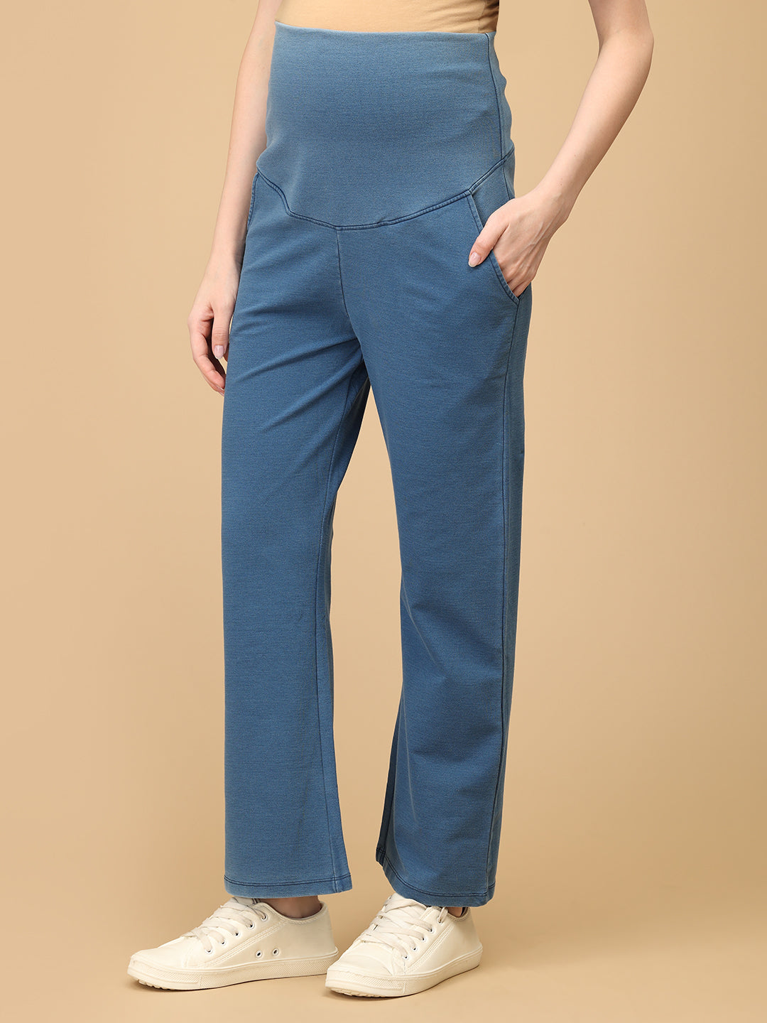 Light Blue Maternity Knit Denims With Belly Support- Lightwash