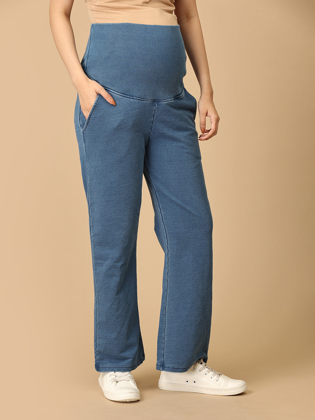 Light Blue Maternity Knit Denims With Belly Support- Lightwash