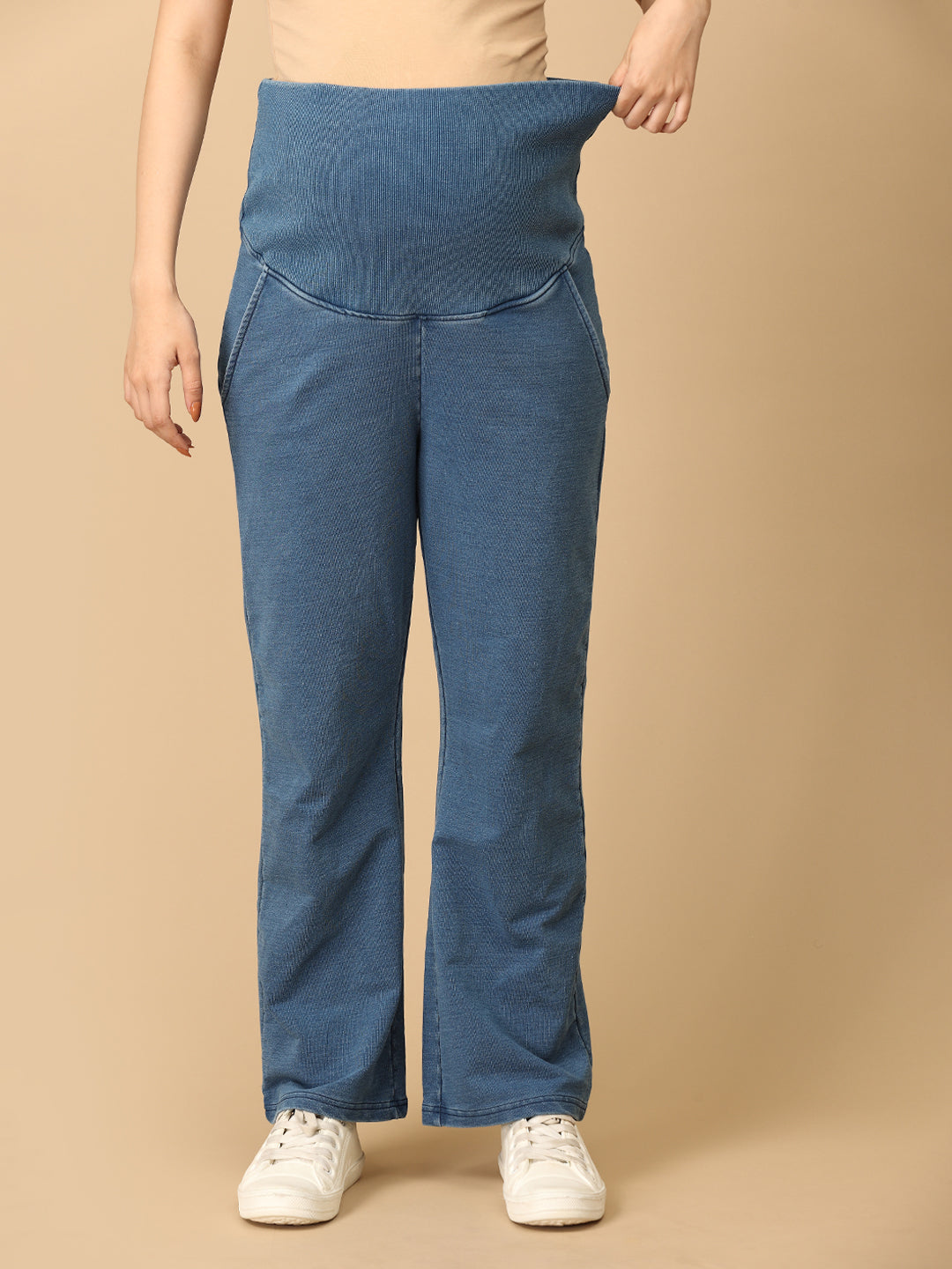 Light Blue Maternity Knit Denims With Belly Support- Lightwash