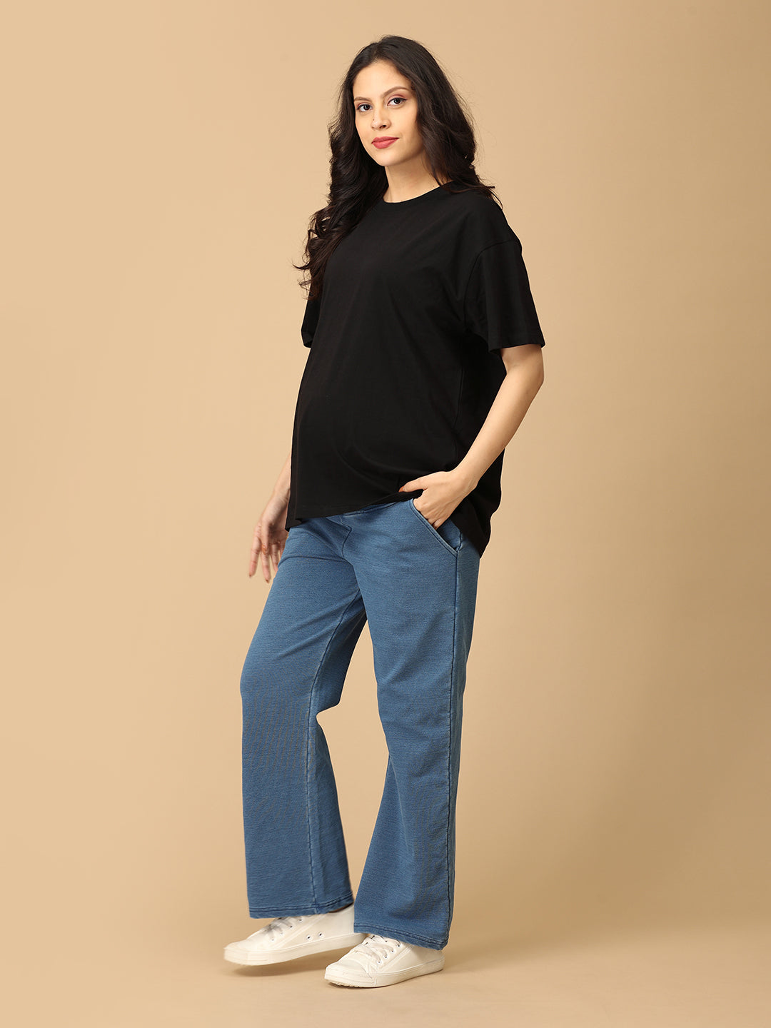 Light Blue Maternity Knit Denims With Belly Support- Lightwash