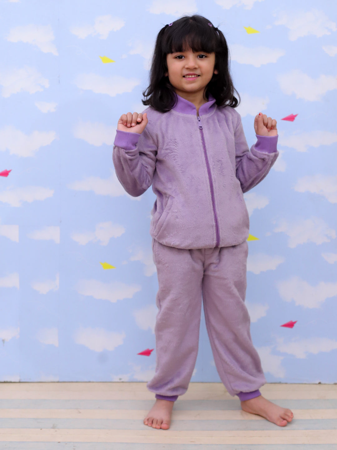 Lilac Fluffies Kids Fleece Zipper Jacket & Sweatpants Combo