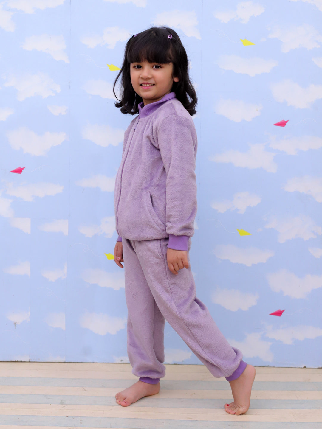 Lilac Fluffies Kids Fleece Zipper Jacket & Sweatpants Combo