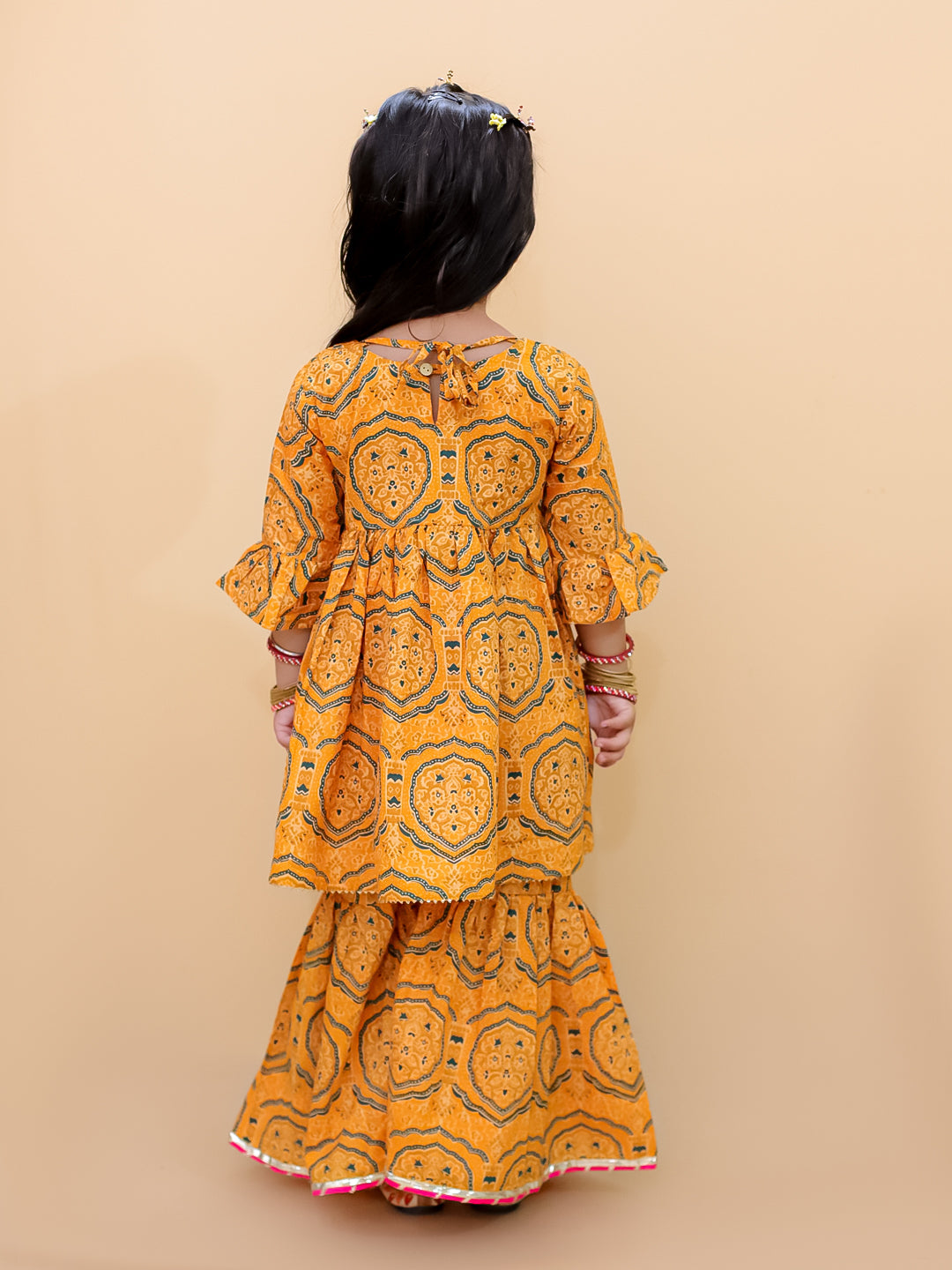 Ethnic Set-Marigold Mosaic Girls Anarkali Sharara Set with Boys Jacket And Kurta Pajama Set