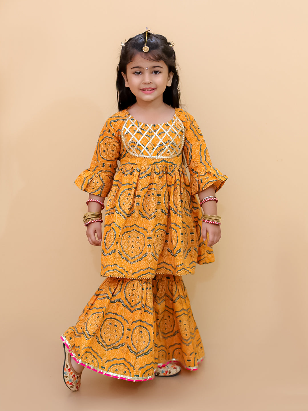 Ethnic Set-Marigold Mosaic Girls Anarkali Sharara Set with Boys Jacket And Kurta Pajama Set