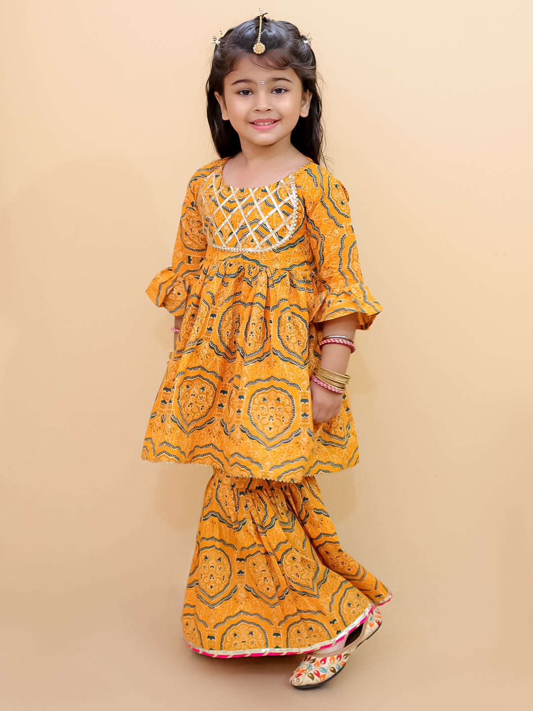 Ethnic Set-Marigold Mosaic Girls Anarkali Sharara Set with Boys Jacket And Kurta Pajama Set