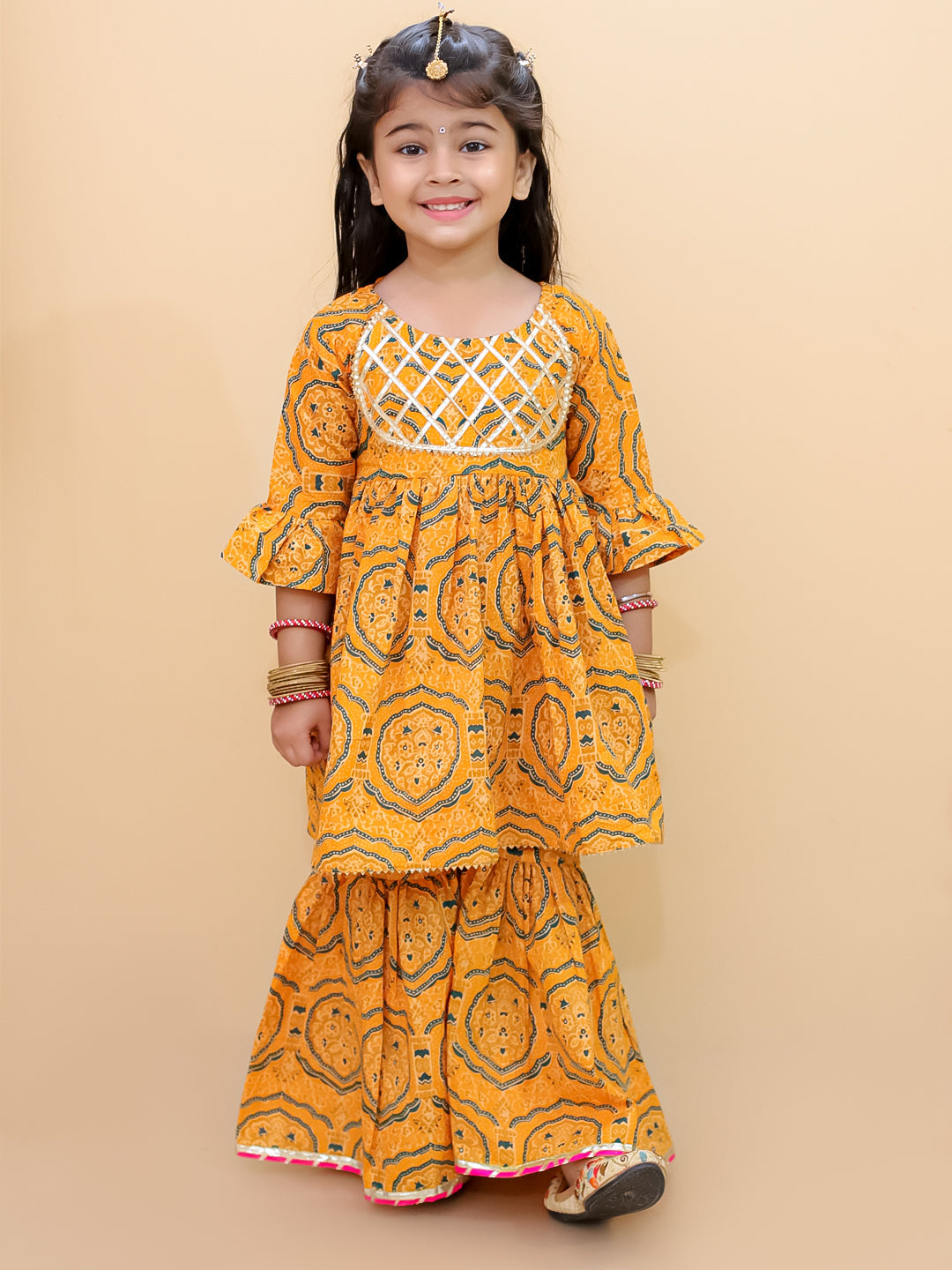 Ethnic Set-Marigold Mosaic Girls Anarkali Sharara Set with Boys Jacket And Kurta Pajama Set