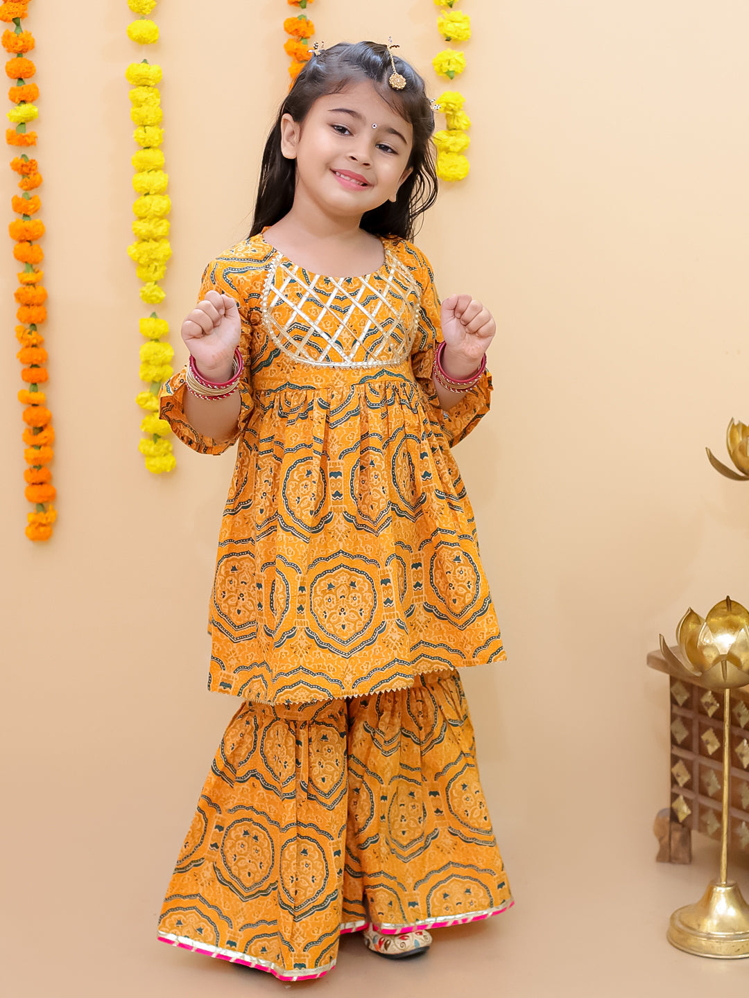 Ethnic Set-Marigold Mosaic Girls Anarkali Sharara Set with Boys Jacket And Kurta Pajama Set