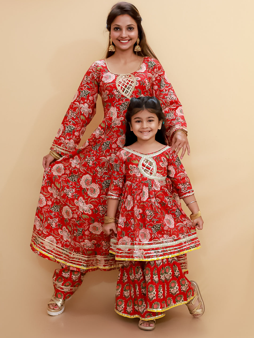 Twinning Combo-Maroon Block Print Anarkali Kurta Set with Maroon Block Print Girls Anarkali Sharara Set