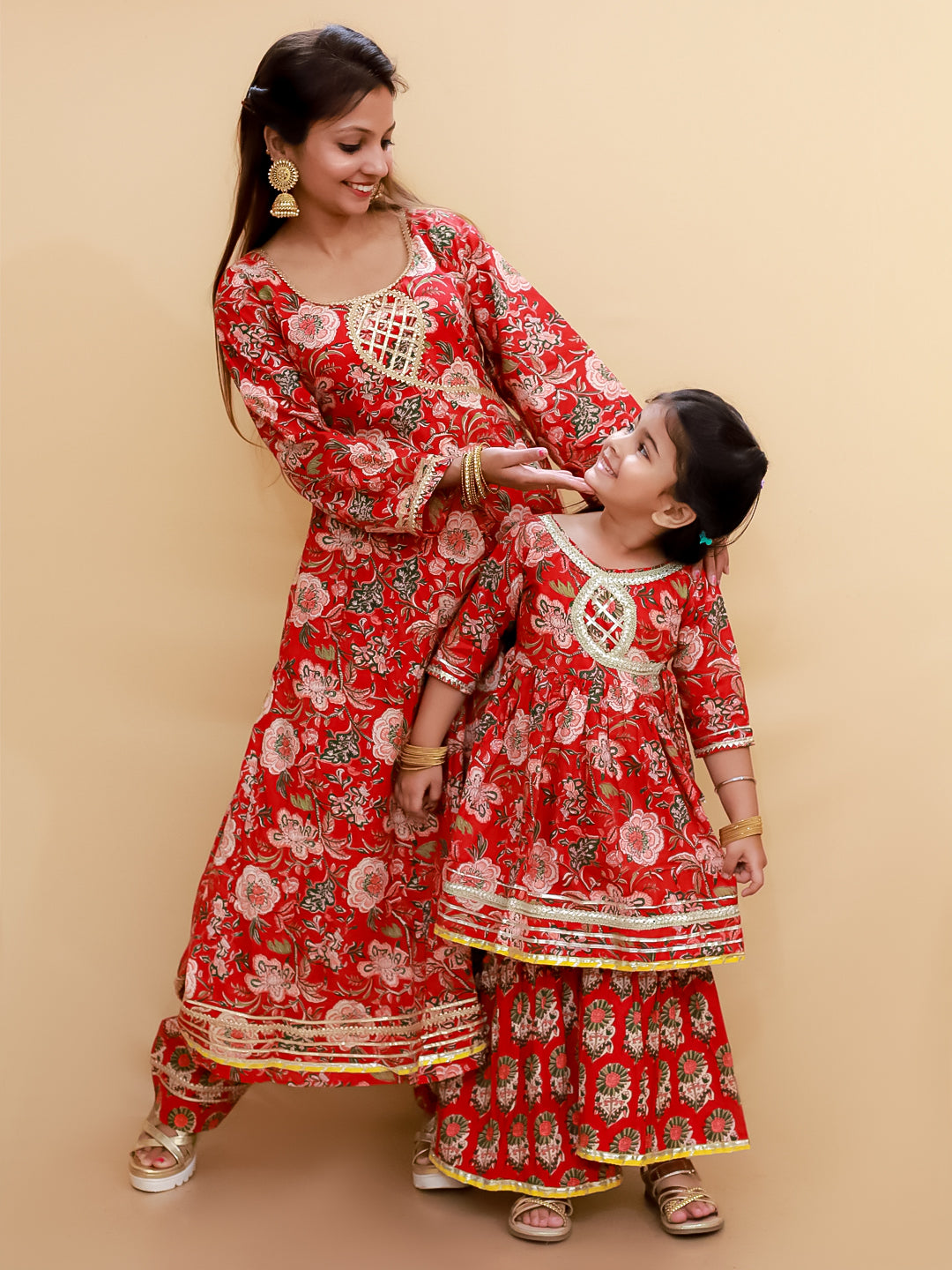 Twinning Combo-Maroon Block Print Anarkali Kurta Set with Maroon Block Print Girls Anarkali Sharara Set