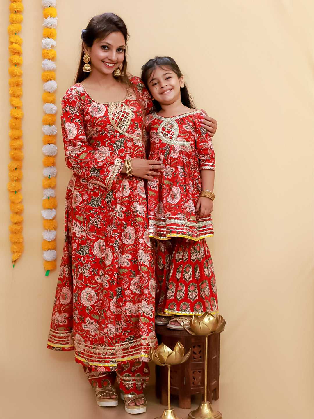 Twinning Combo-Maroon Block Print Anarkali Kurta Set with Maroon Block Print Girls Anarkali Sharara Set