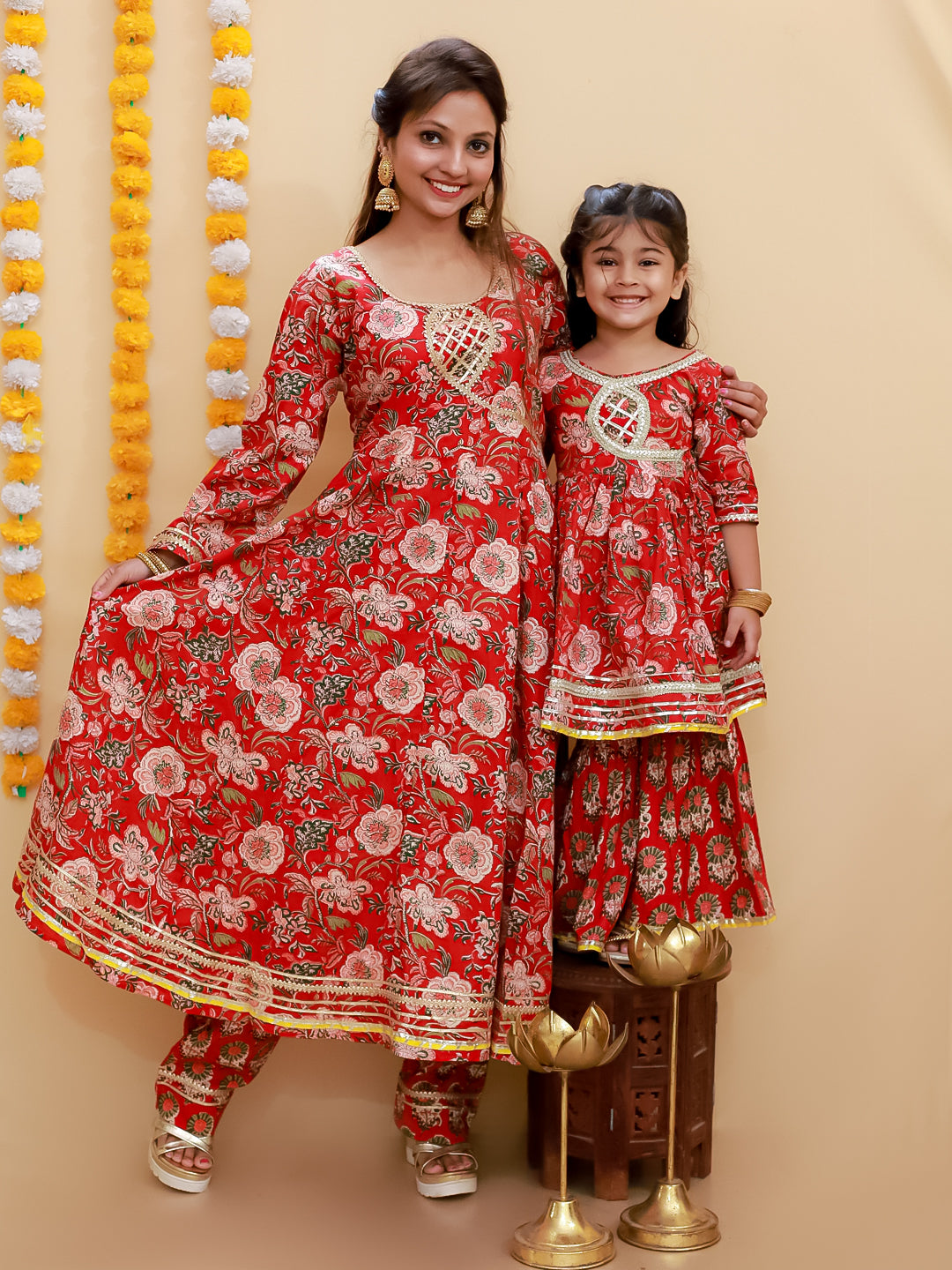 Twinning Combo-Maroon Block Print Anarkali Kurta Set with Maroon Block Print Girls Anarkali Sharara Set