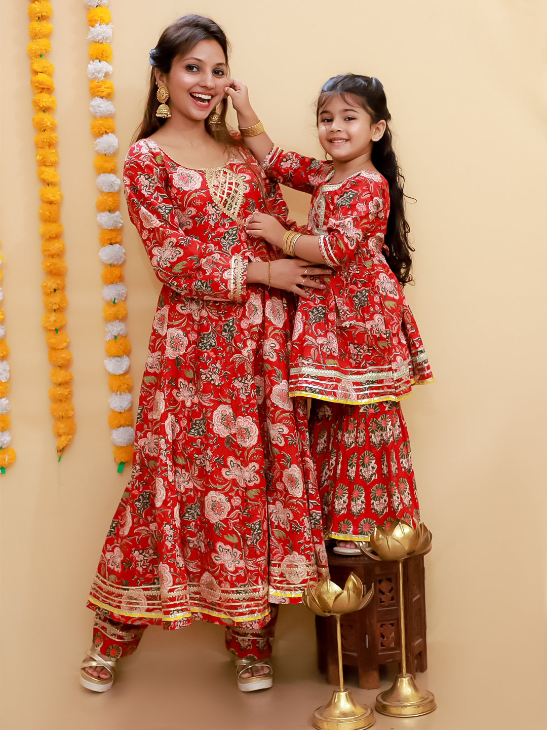 Twinning Combo-Maroon Block Print Anarkali Kurta Set with Maroon Block Print Girls Anarkali Sharara Set