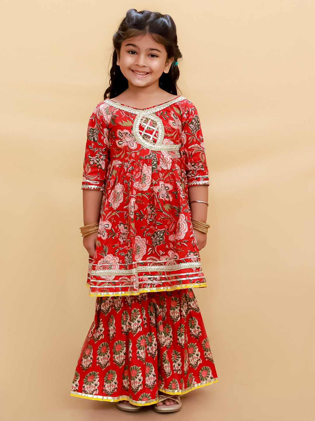 Maroon Block Print Girls Anarkali Sharara Set