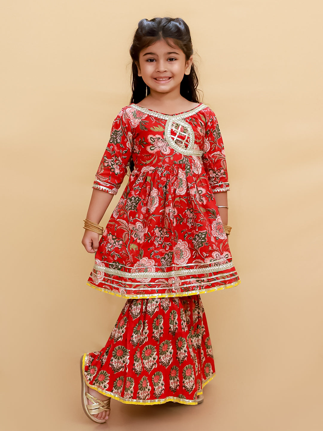 Maroon Block Print Girls Anarkali Sharara Set