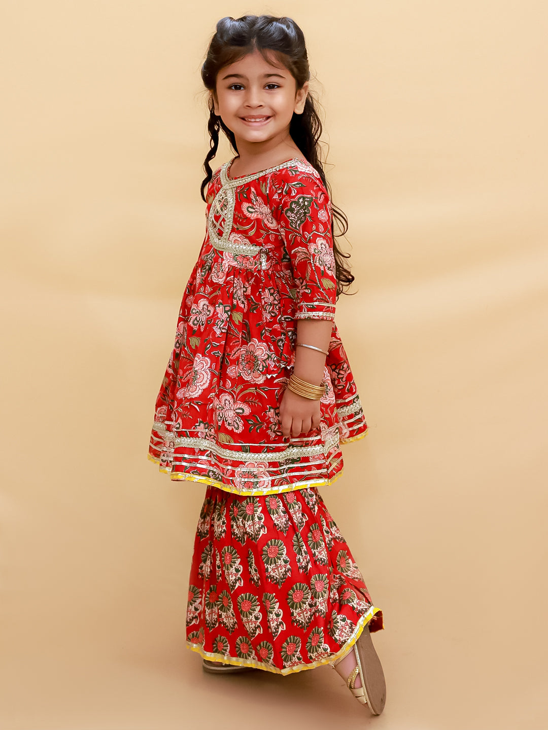 Maroon Block Print Girls Anarkali Sharara Set