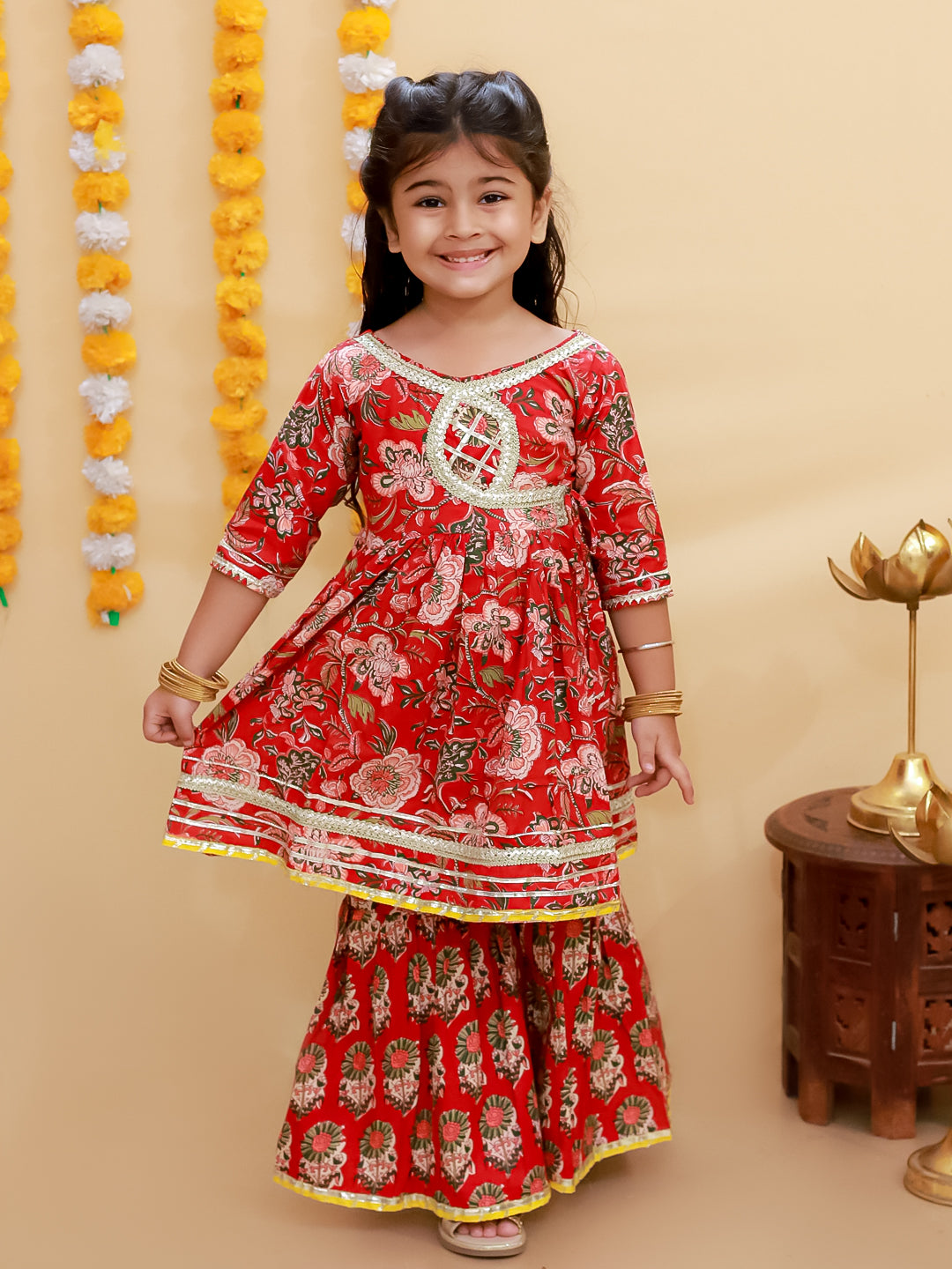 Maroon Block Print Girls Anarkali Sharara Set