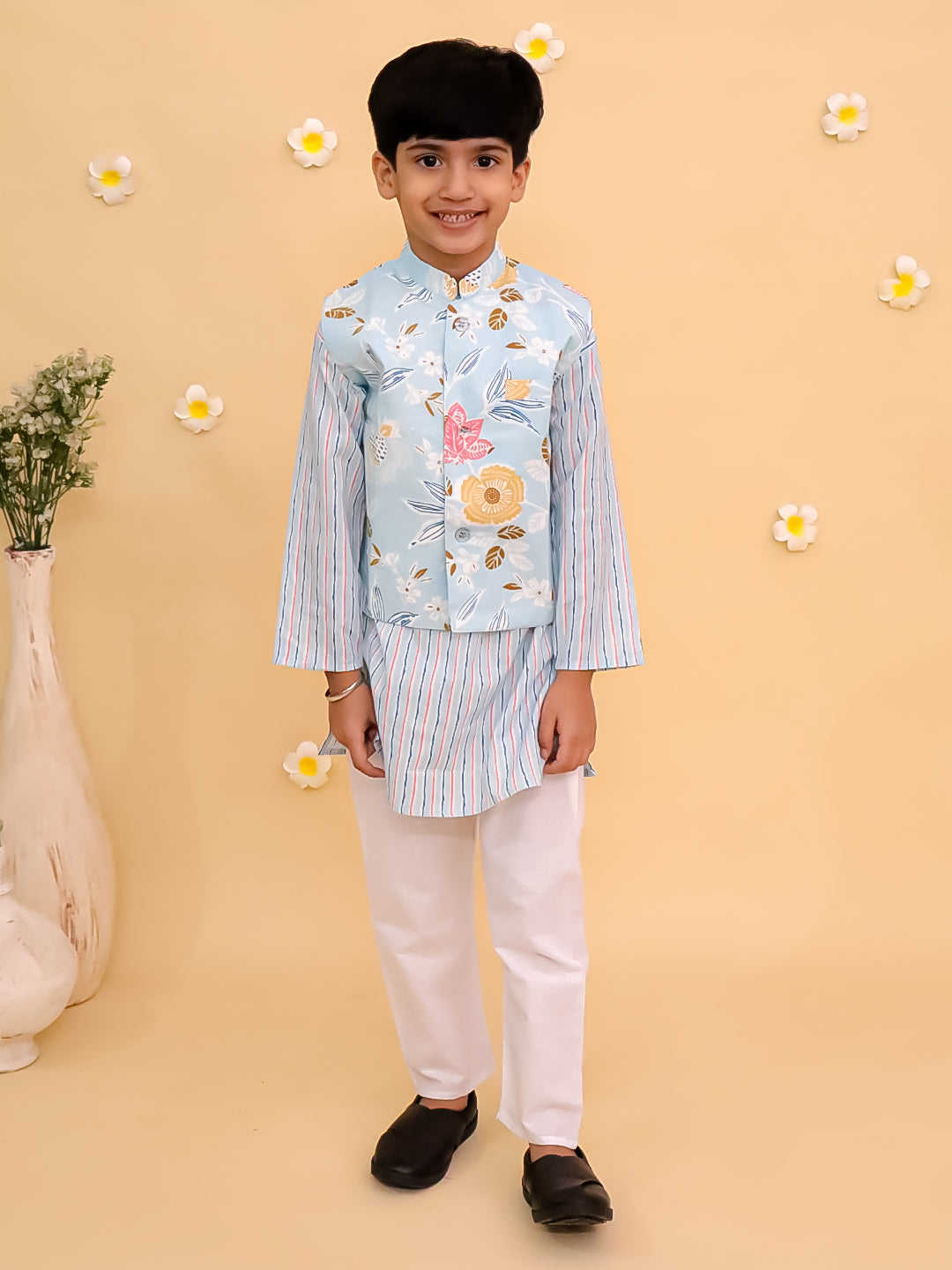 Twinning Combo-Megh Malhaar Women's Anarkali Set with Girls Anarkali Set & Boys Jacket Kurta Pajama