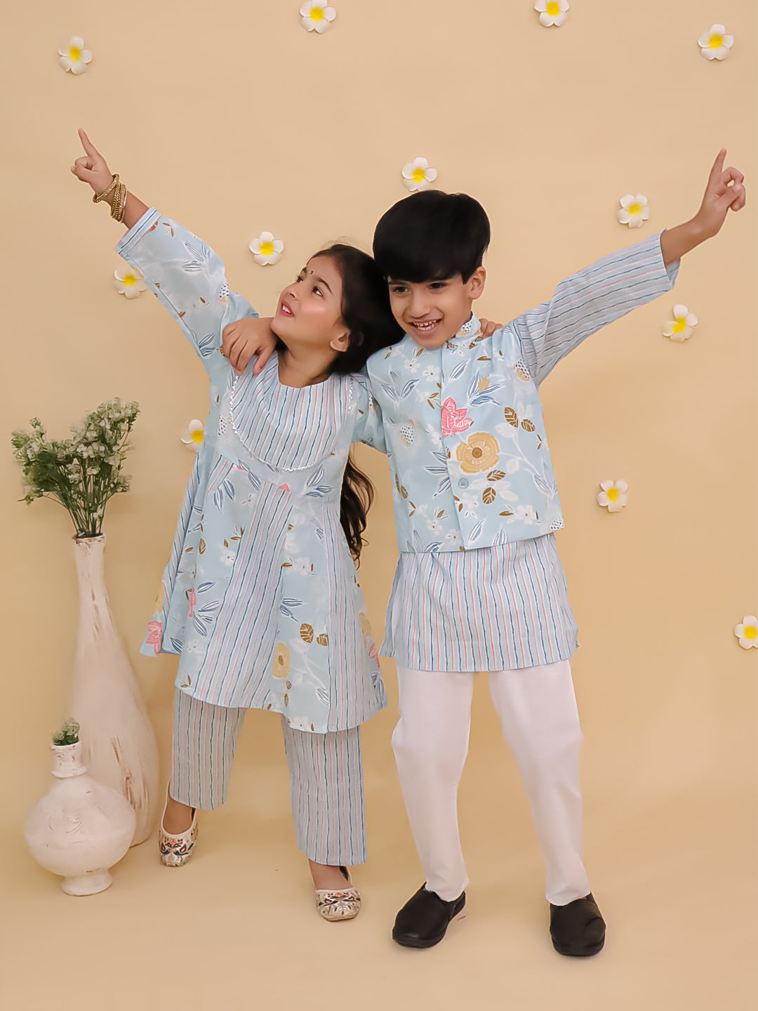 Ethnic Set-Megh Malhaar Girls Anarkali Kurta Set & Boys Jacket And Kurta Pajama Set