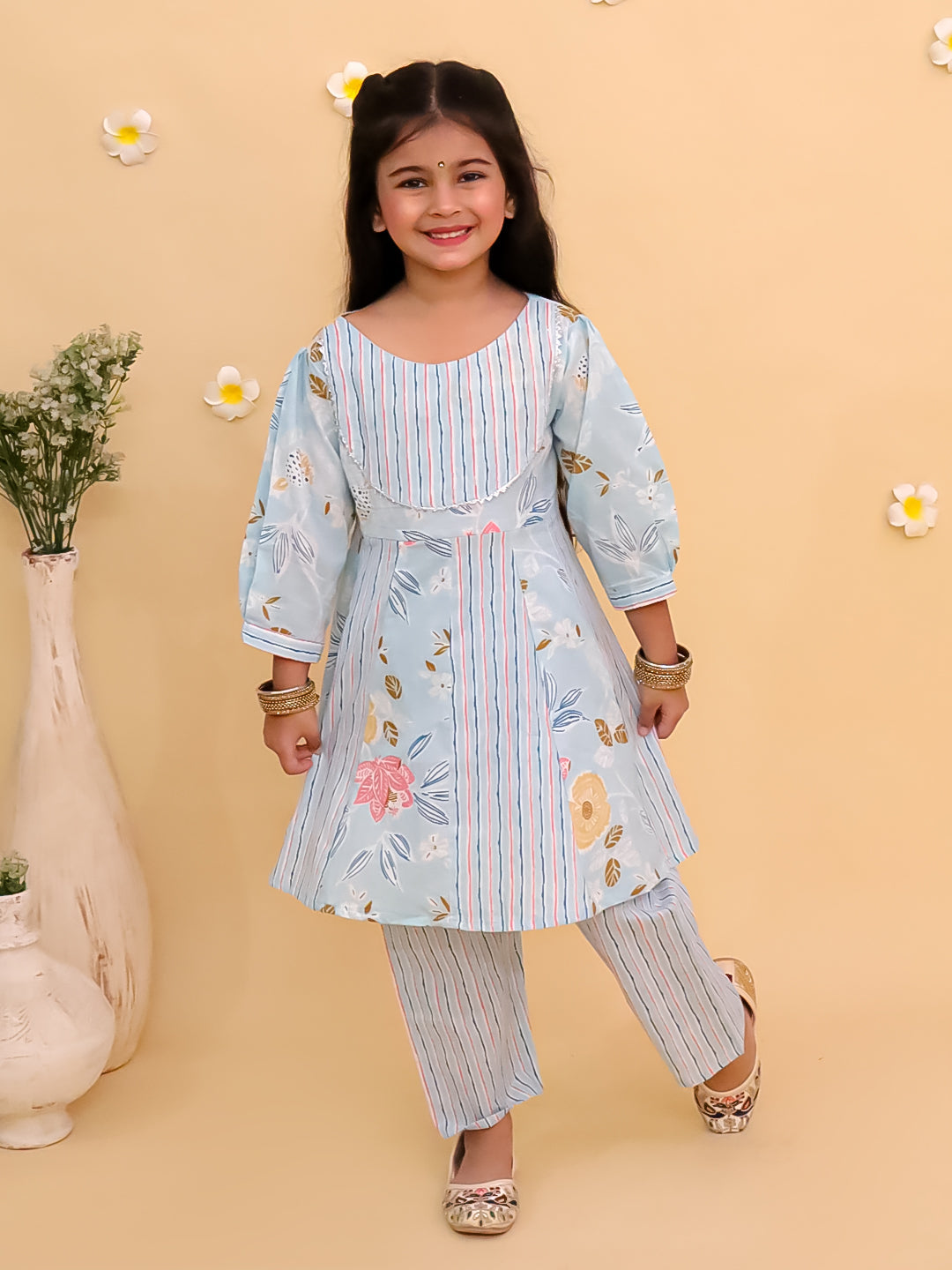 Twinning Combo-Megh Malhaar Women's Anarkali Set with Girls Anarkali Set & Boys Jacket Kurta Pajama
