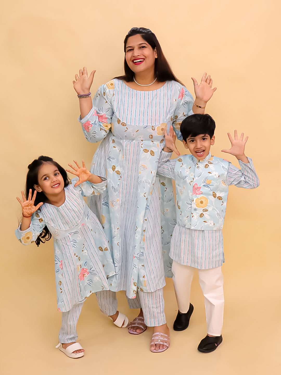 Twinning Combo-Megh Malhaar Women's Anarkali Set with Girls Anarkali Set & Boys Jacket Kurta Pajama