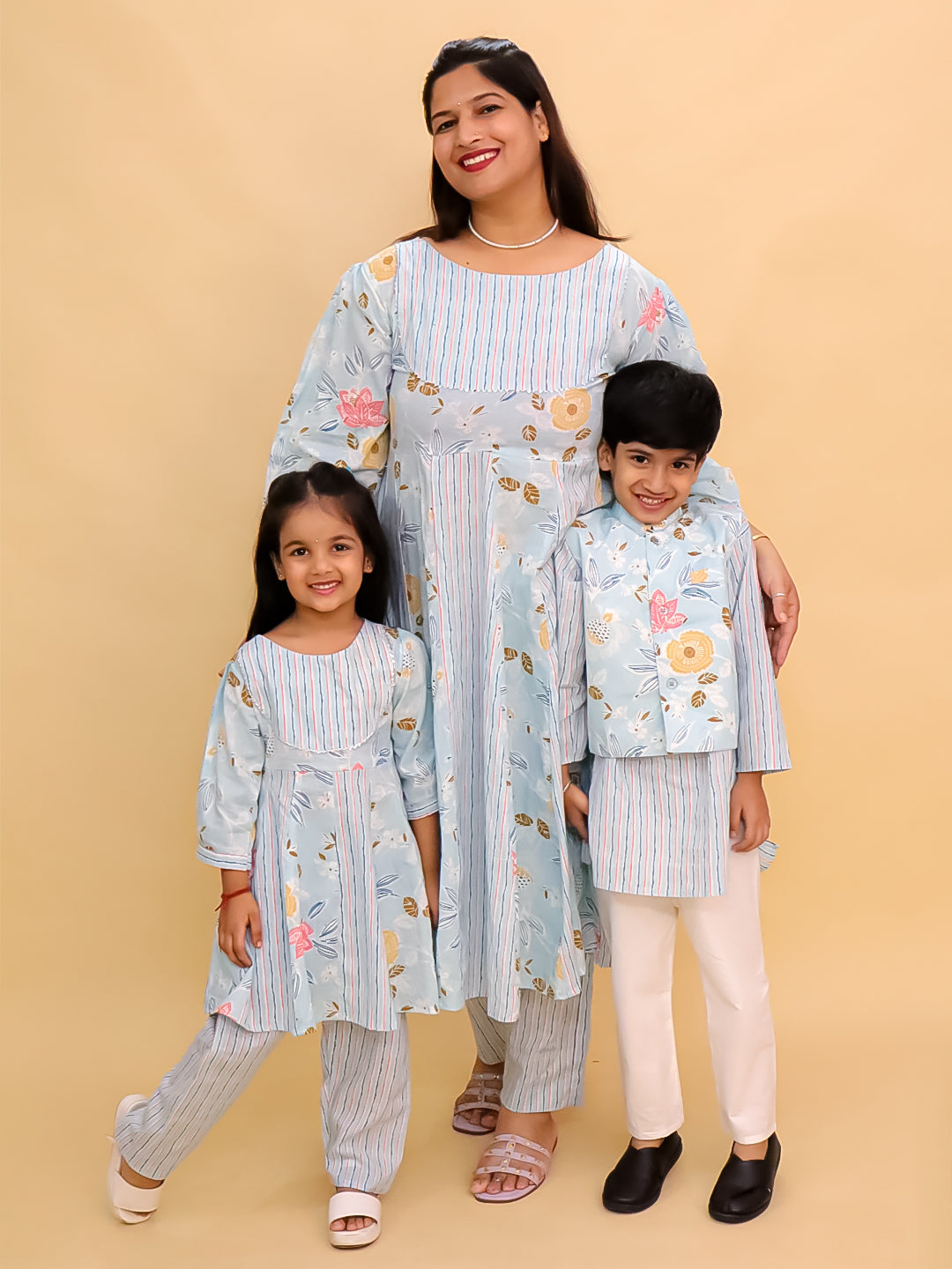 Twinning Combo-Megh Malhaar Women's Anarkali Set with Girls Anarkali Set & Boys Jacket Kurta Pajama