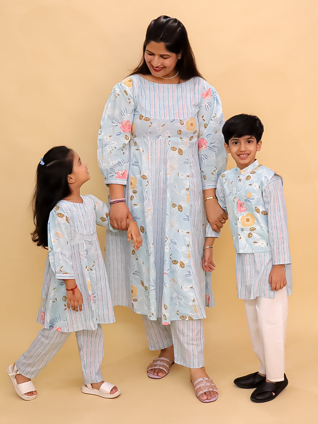 Twinning Combo-Megh Malhaar Women's Anarkali Set with Girls Anarkali Set & Boys Jacket Kurta Pajama