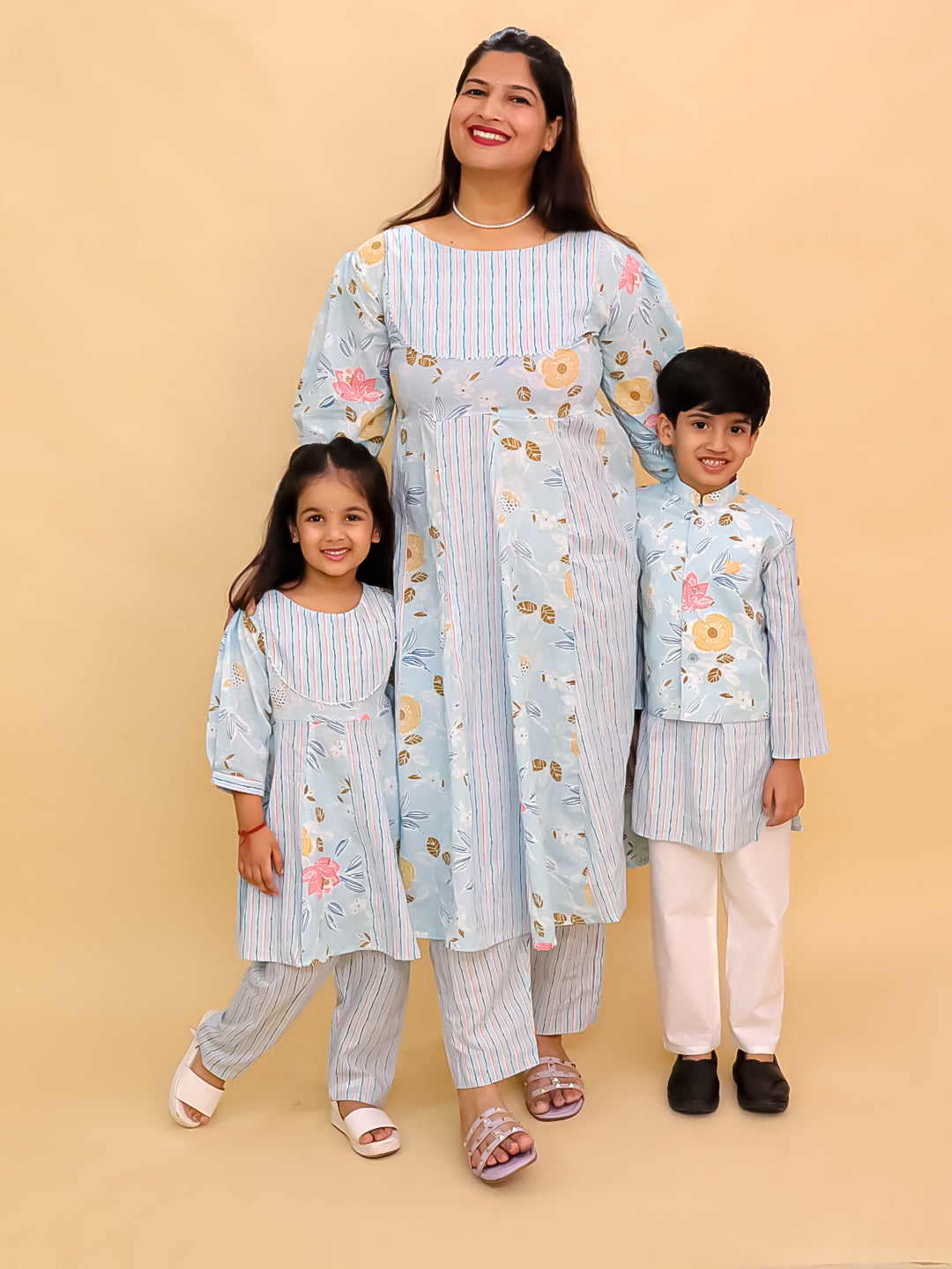 Twinning Combo-Megh Malhaar Women's Anarkali Set with Girls Anarkali Set & Boys Jacket Kurta Pajama