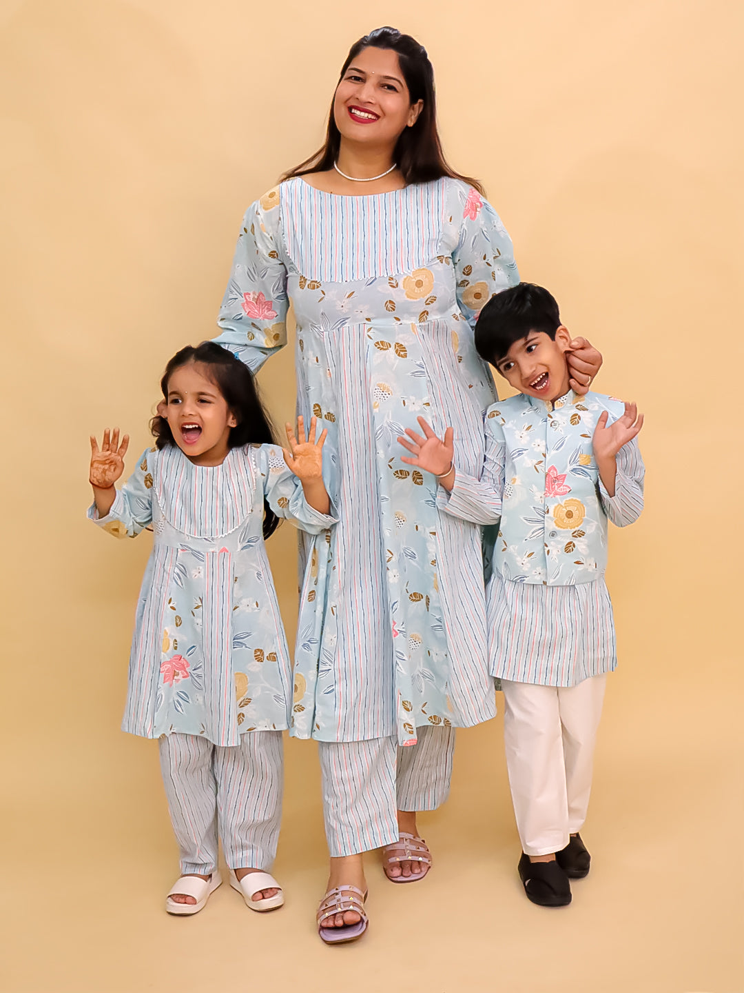 Twinning Combo-Megh Malhaar Women's Anarkali Set with Girls Anarkali Set & Boys Jacket Kurta Pajama