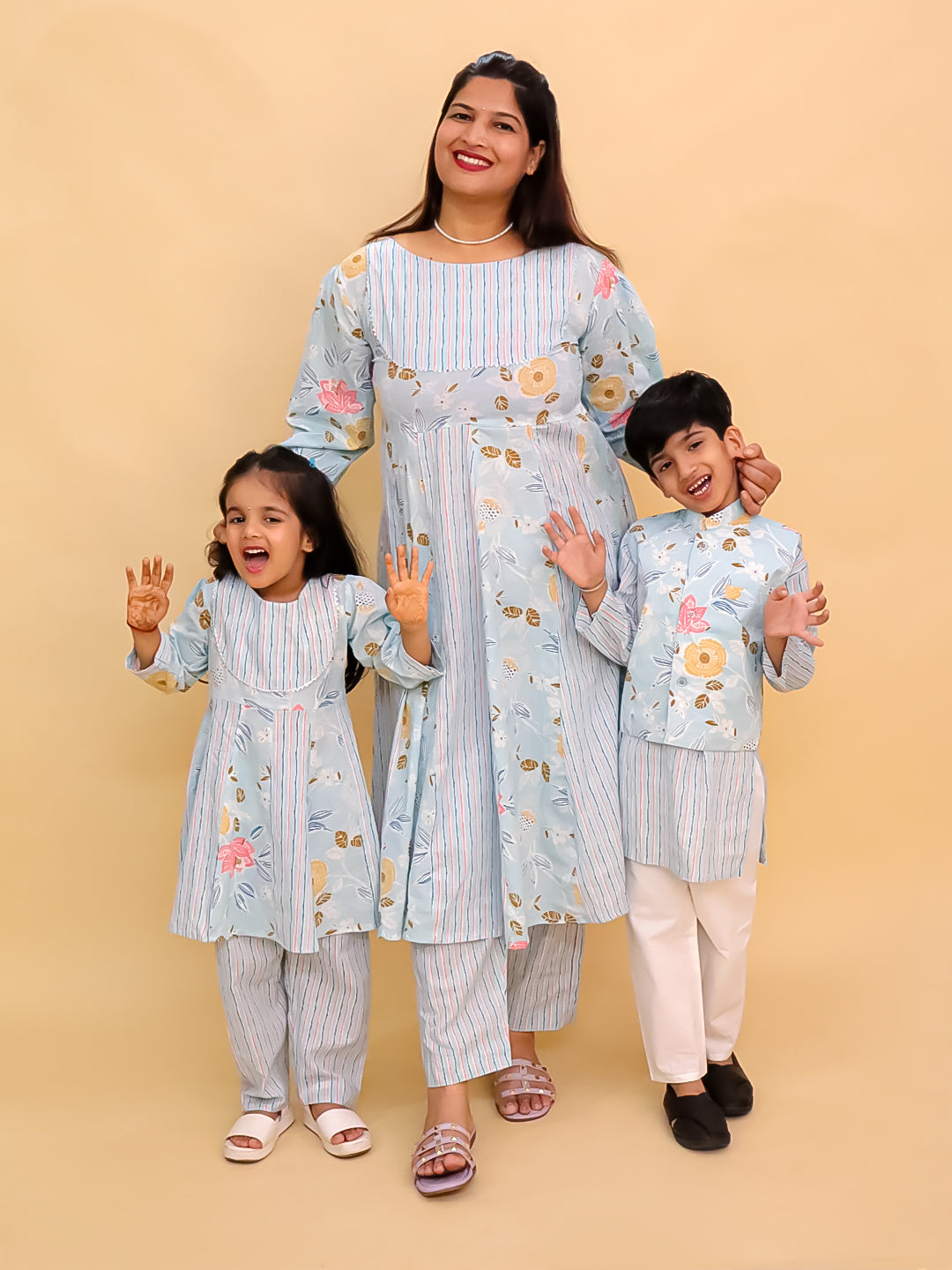 Twinning Combo-Megh Malhaar Women's Anarkali Set with Girls Anarkali Set & Boys Jacket Kurta Pajama