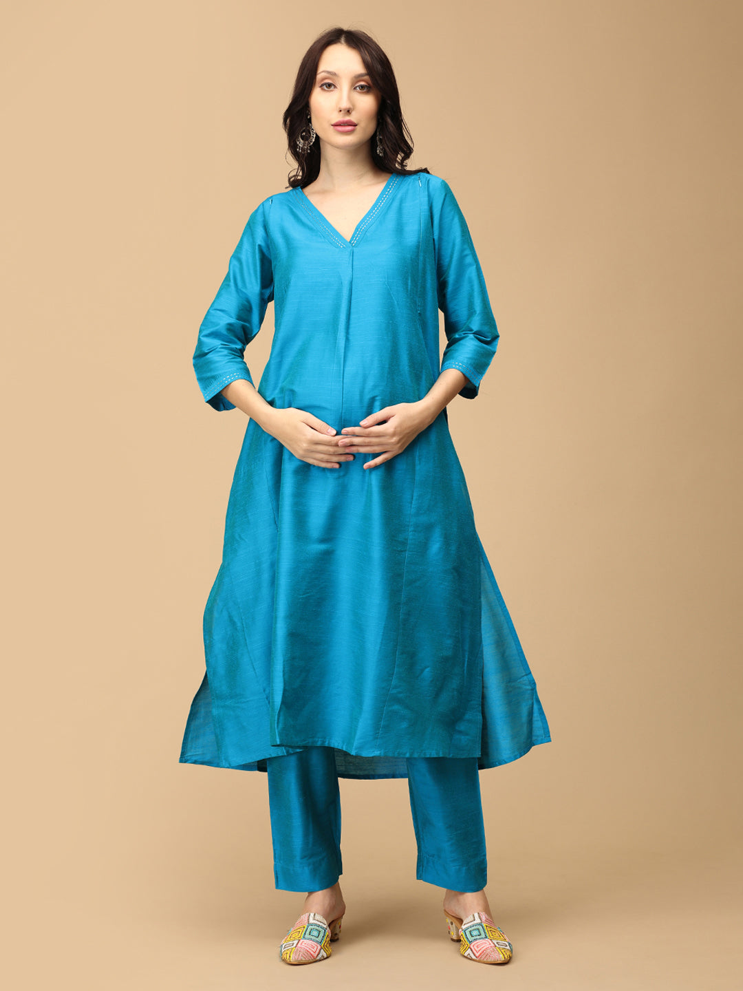 Mermaid Moment Embroidered Maternity and Nursing Silk Kurta Set