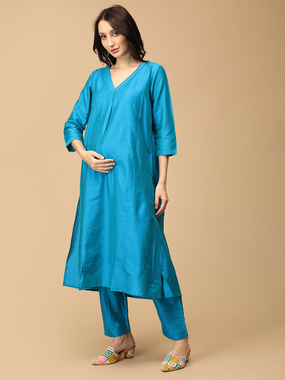 Mermaid Moment Embroidered Maternity and Nursing Silk Kurta Set