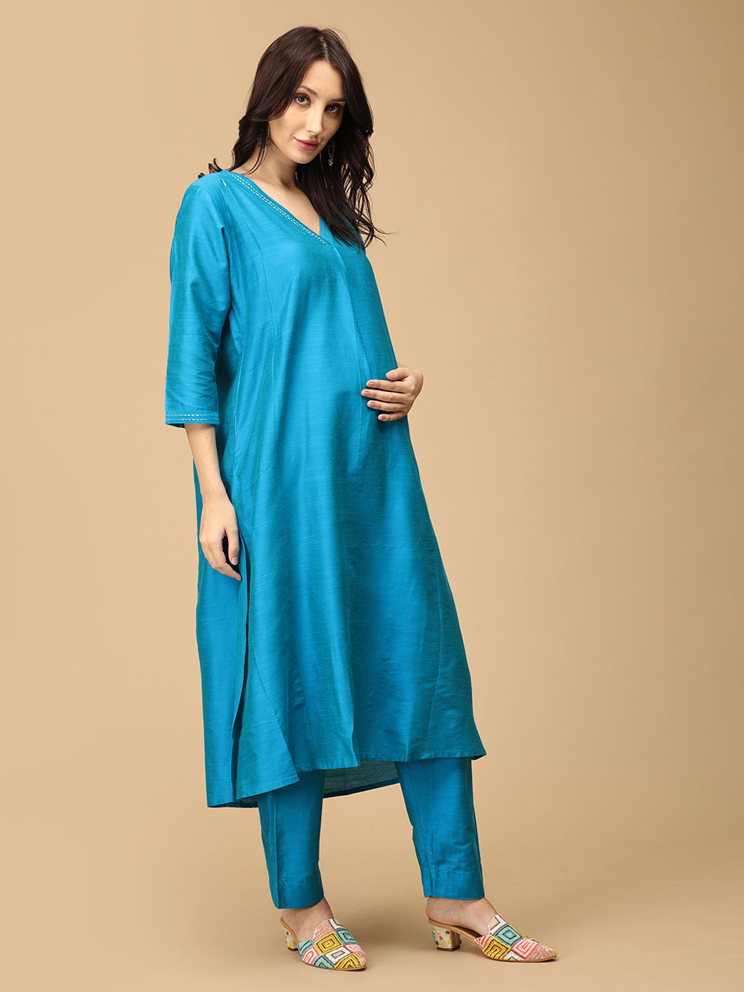 Mermaid Moment Embroidered Maternity and Nursing Silk Kurta Set