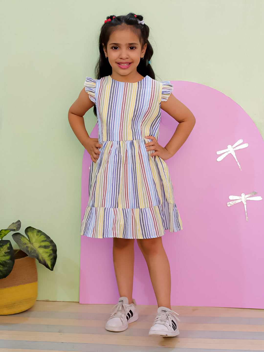 Multi Color Striped Girls Dress with Bow