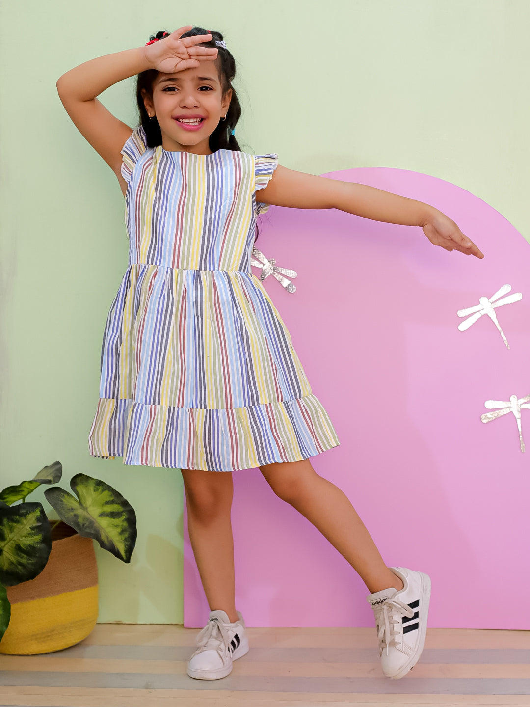 Multi Color Striped Girls Dress with Bow