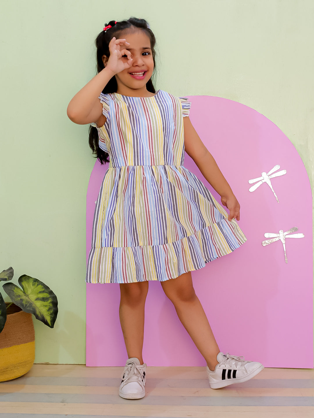 Multi Color Striped Girls Dress with Bow