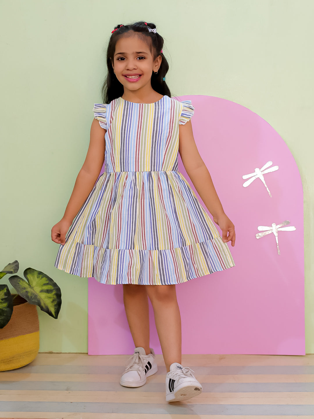 Multi Color Striped Girls Dress with Bow