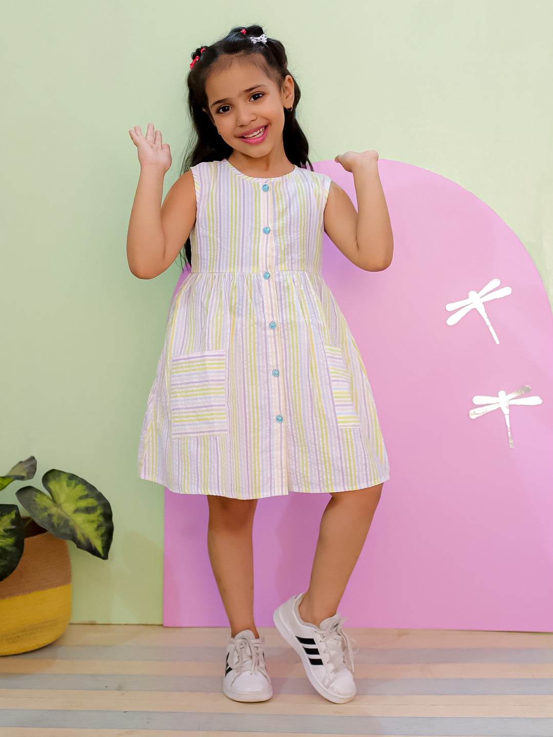 Multi Color Striped Girls Dress with Patch Pockets