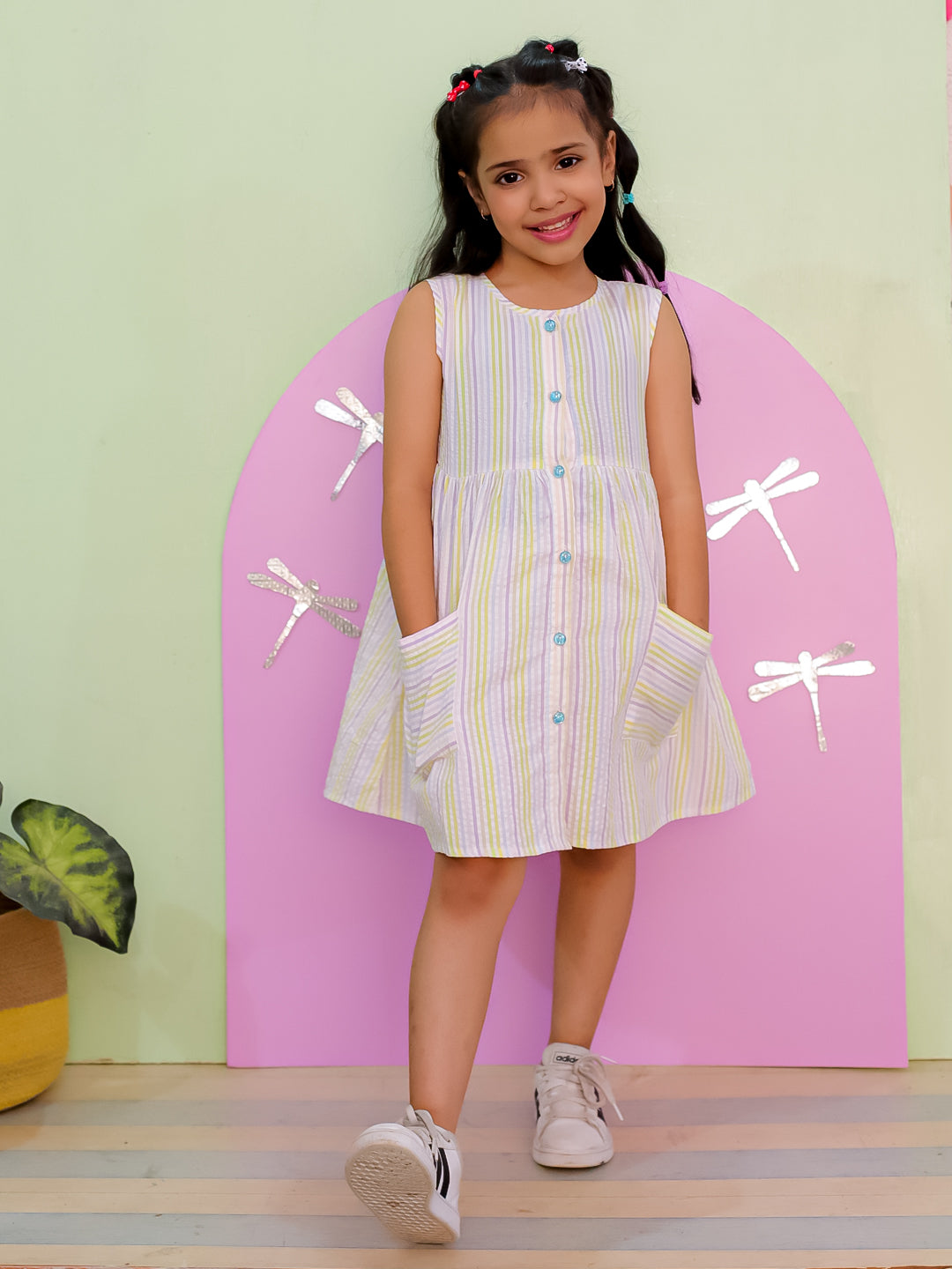 Multi Color Striped Girls Dress with Patch Pockets