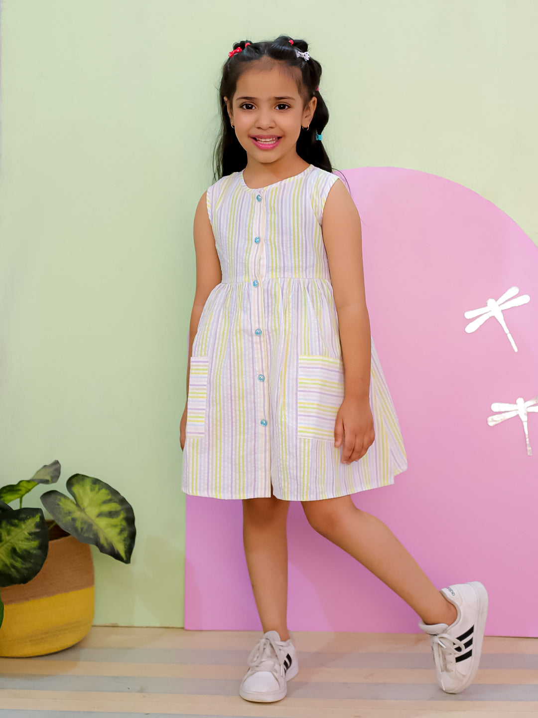 Multi Color Striped Girls Dress with Patch Pockets